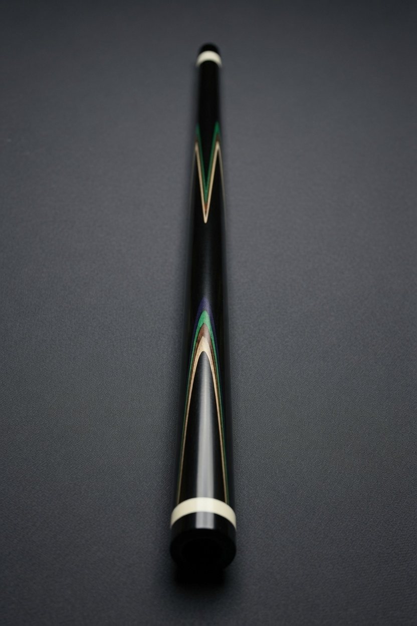 Black custom cue with green and purple spliced points, viewed end-on