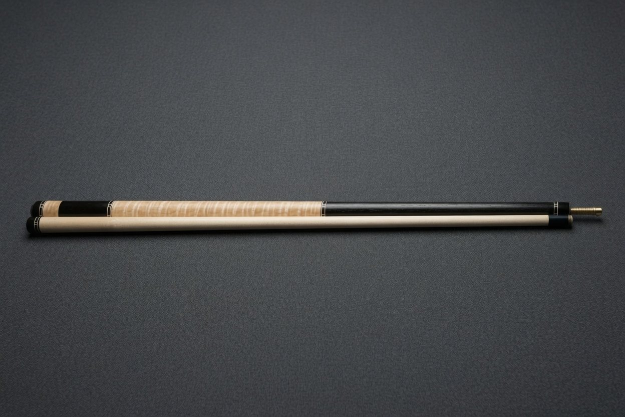 Full-length figured maple cue with black points, shaft and butt separated