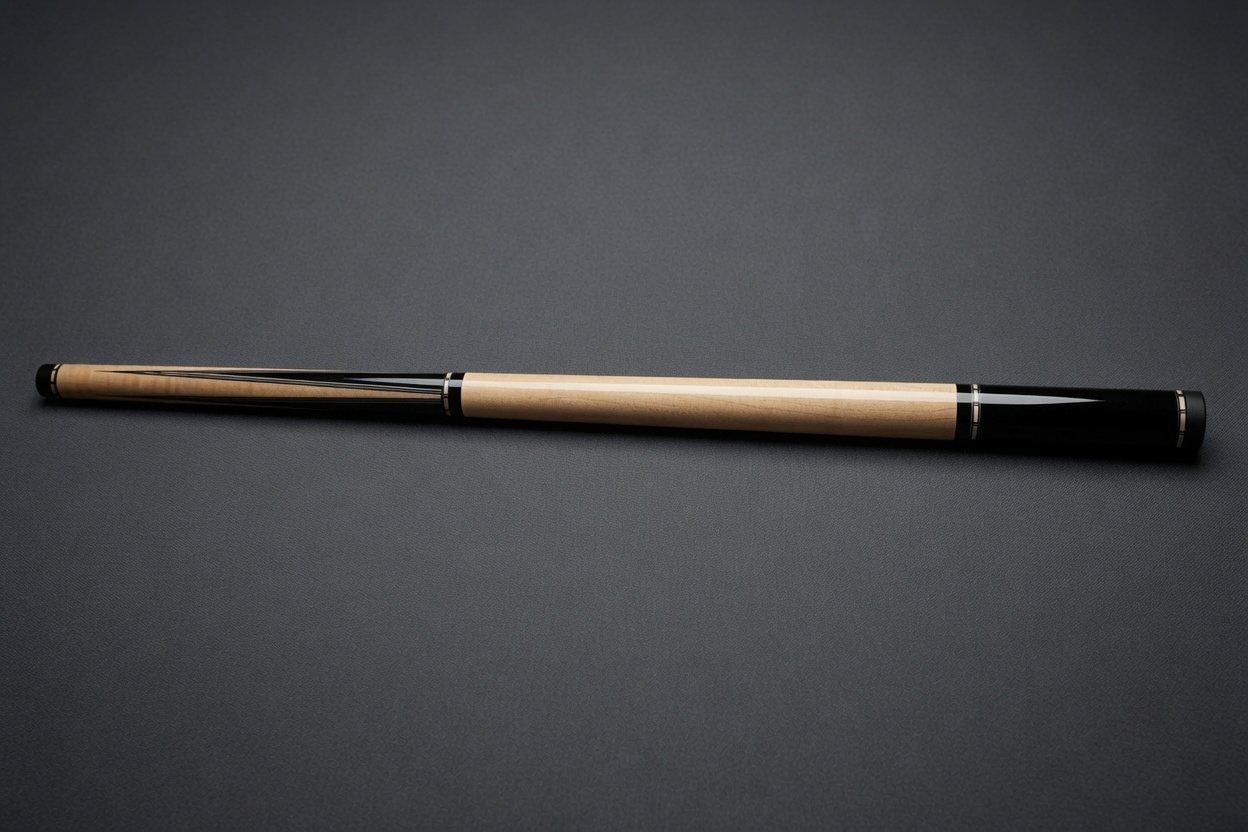 Maple cue with black wrap and ebony butt on a dark surface
