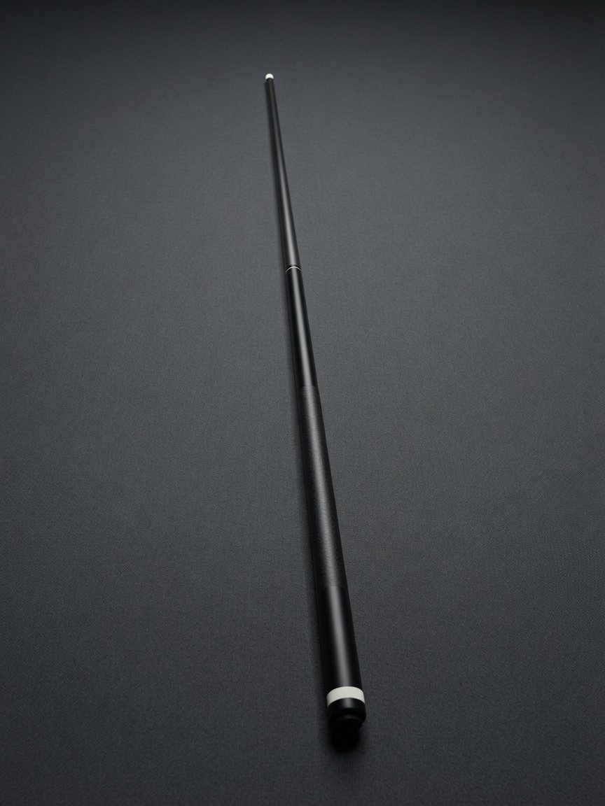 Slender dark custom cue laid diagonally on a dark surface