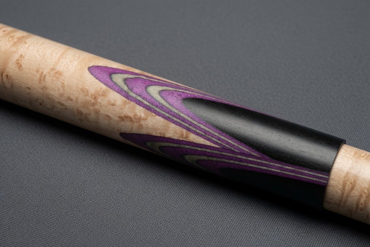 Exotic hardwoods, veneers, and a turned cue butt with calipers on the workbench