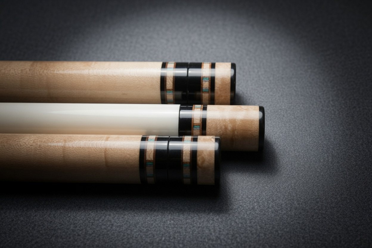 Full-length cue with grey snakeskin wrap and red pinstriping