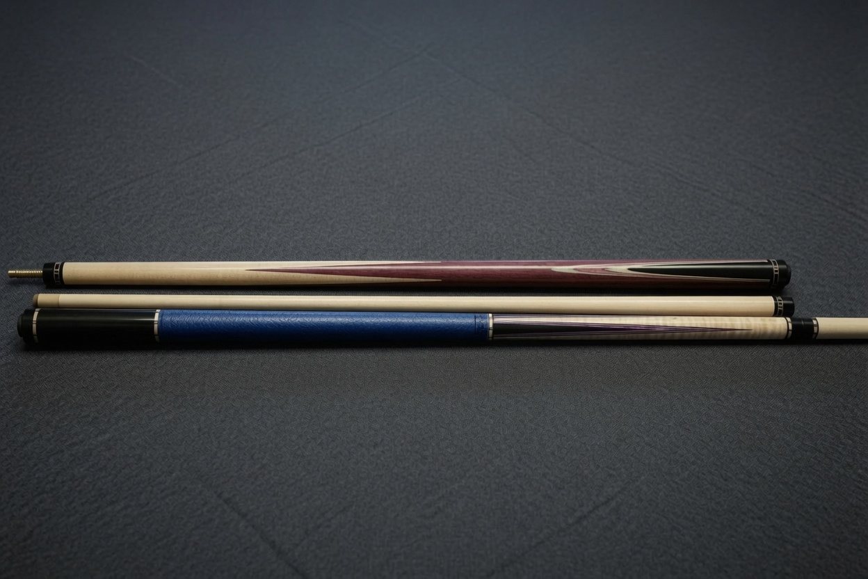 Three cues laid flat showing maple shafts and figured forearms